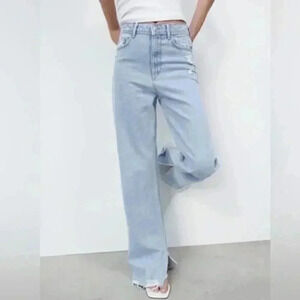 Zara Destroyed High Rise Full Length Jeans With Vents Slits Light Wash Raw Hem 6